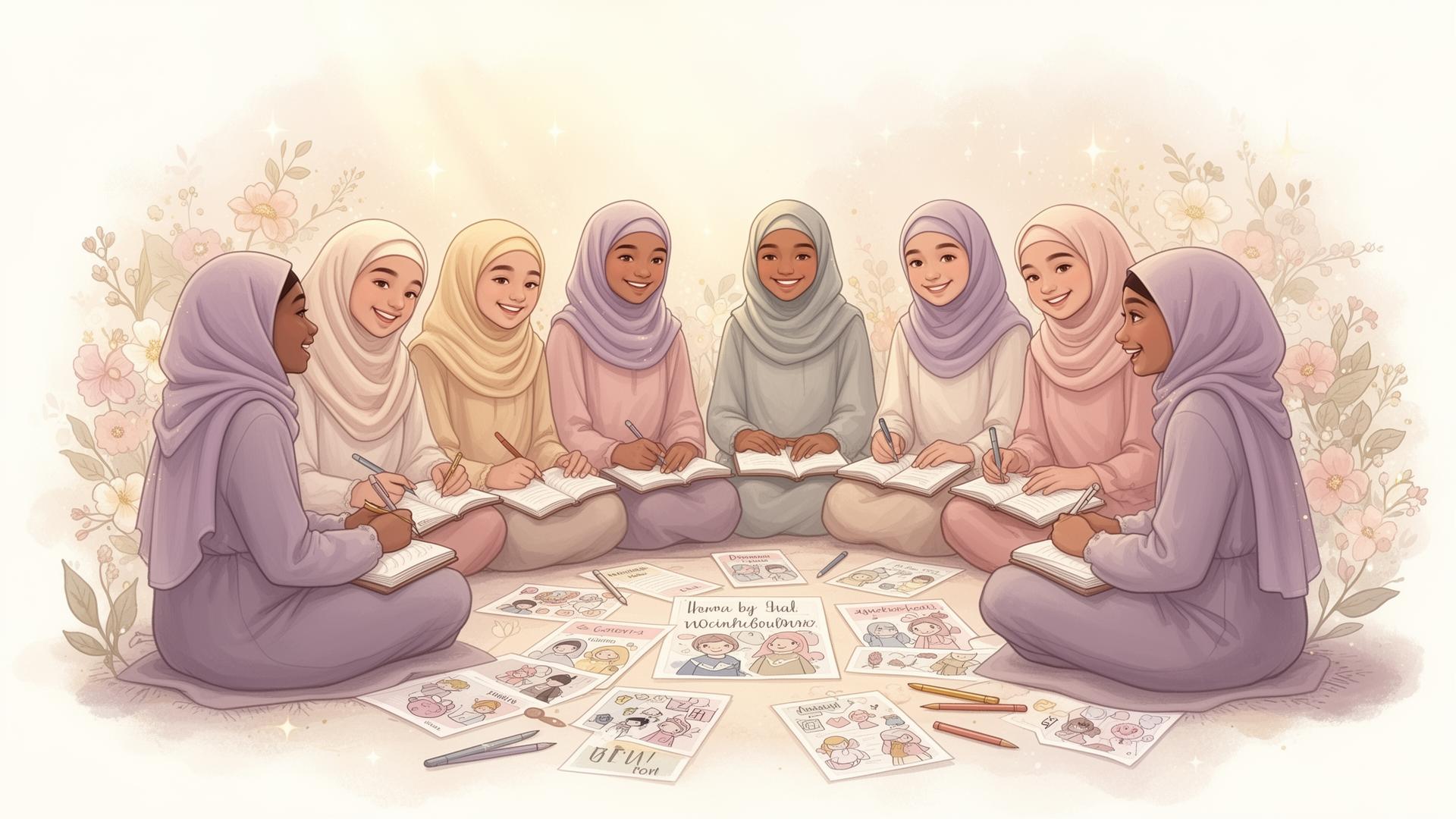 Diverse Muslim girls in modest clothing and hijabs journaling and sharing in sisterhood